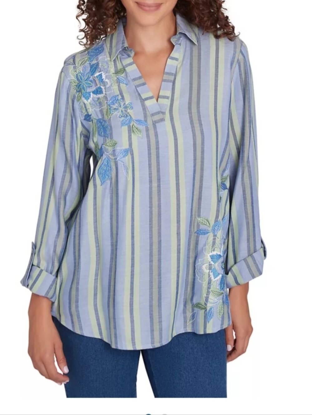 Ruby Rd. Shirt Collar Floral Embroidered Striped Top Size 1X